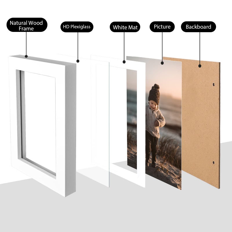 KINLINK 4x6 Frame White, Solid Wood 4 x 6 Picture Frame with Acrylic Plexiglass for 3.5x5 with Mat, Tabletop and Wall Display Photo Frames 4x6 White, 4 Pack - Image 3